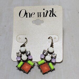 One Wink vintage geometric multi color  design stone fish hook dangle earring